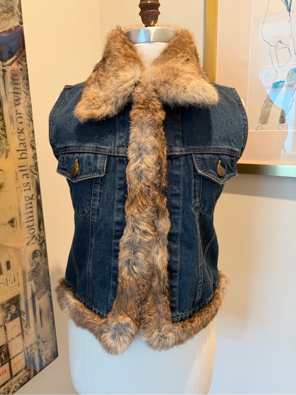 Cejon Dark Blue Denim Vest with Brown Fur Trim